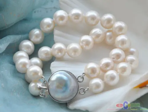 

Free shipping@@@@@ P3717 2row 8" 12mm white round white PEARL bracelet mabe