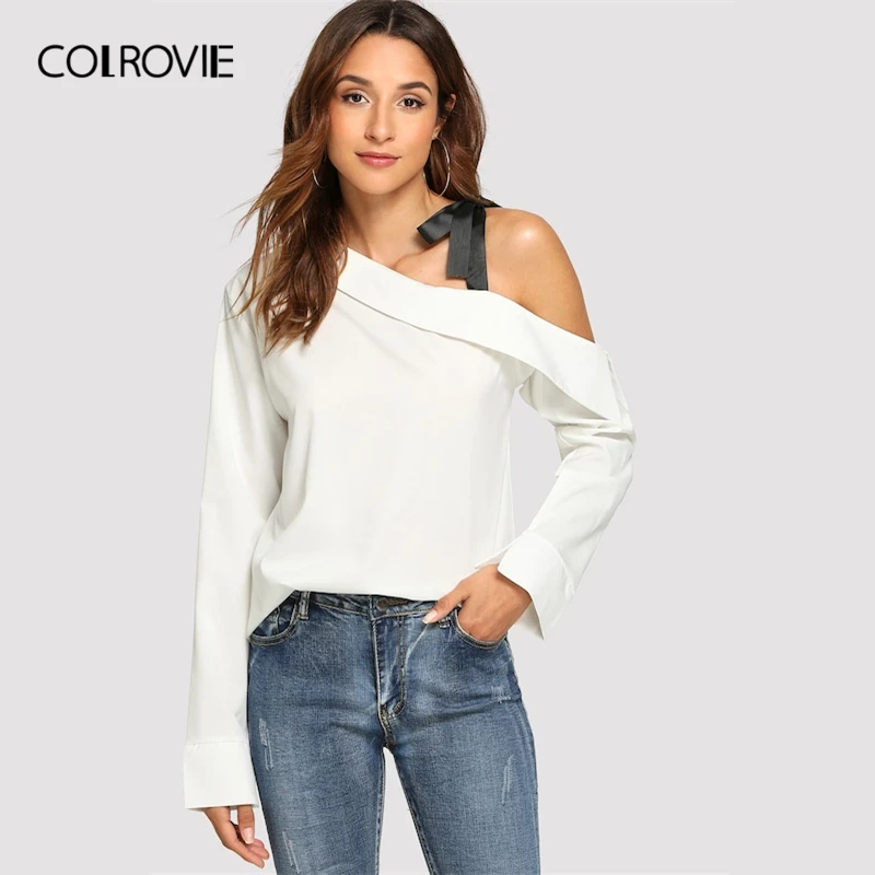 

COLROVIE Beige Asymmetrical Neck Knot Chiffon Blouse Shirt Women Tops 2019 Spring Workwear Elegant Blouses Office Ladies Tee
