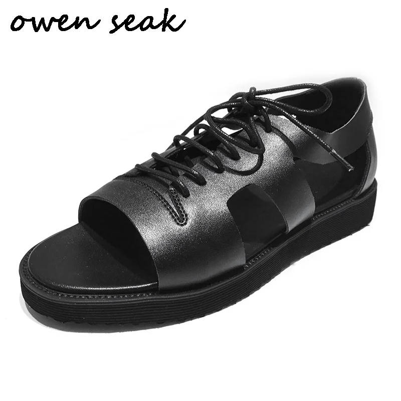 

2018 Owen Seak Men Rome Sandals Shoes Flip Flops Luxury Trainers Cow Leather Men Owen Lace Up Gladiatus Sandals Black