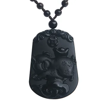 

Drop Shipping 100% Natural Black Obsidian Pendant Jewelry Hand Carved Chinese Zodiac Lucky Necklaces Pendants AAAAA 49x33x10mm