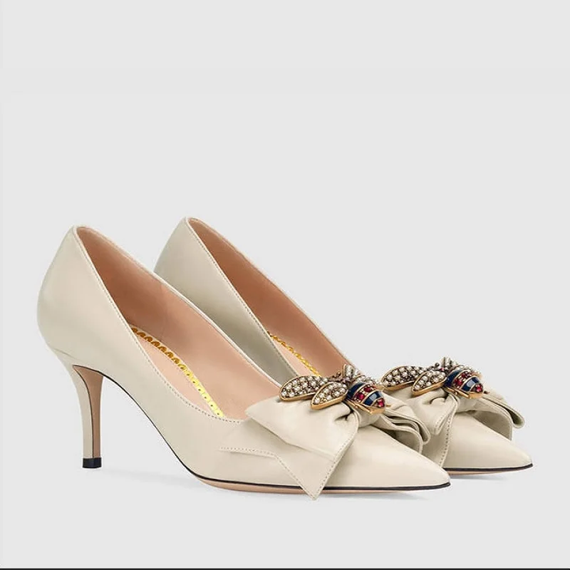 2018 New high heel shoes, shallow mouth shoes with toe pointed bow decorated fashion.