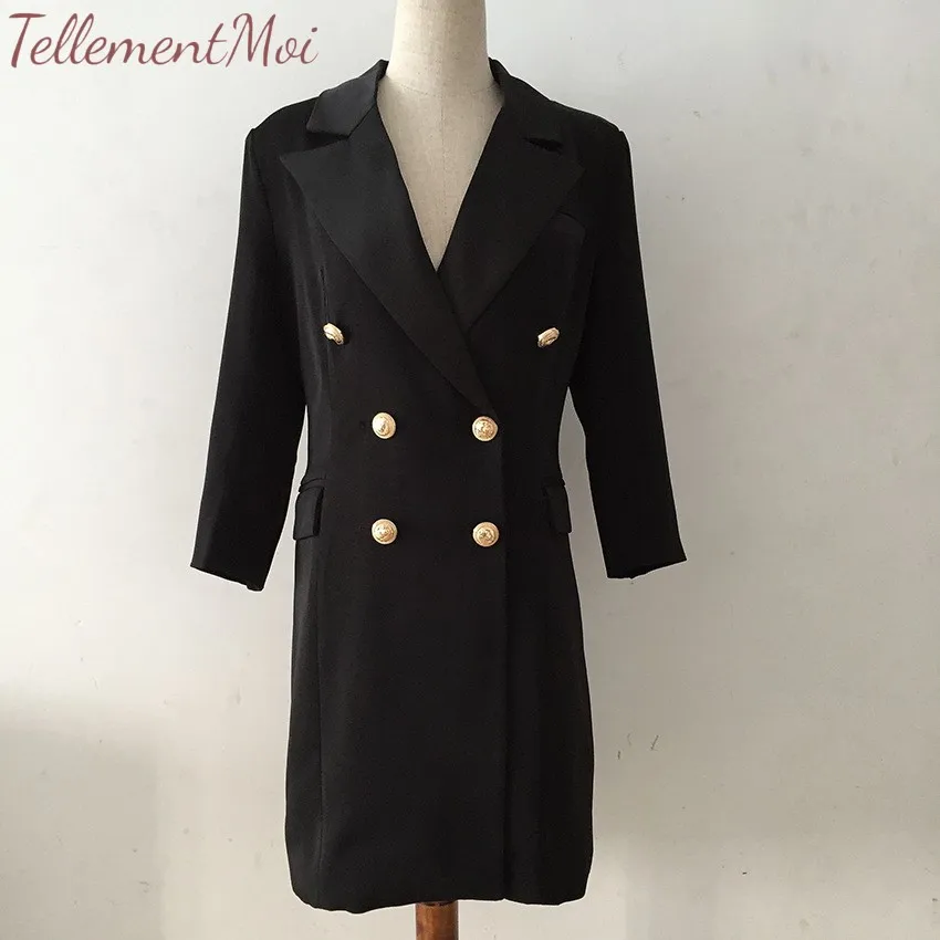 Classic Double Breasted Women's Suit Dress V Neck Long Sleeve Formal Office Lady Pocket Coat Black Jacket Outwear Blazer Dress