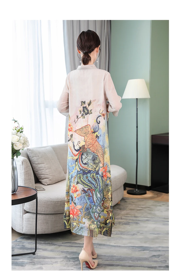 Новые женские шелковые шифоновые платья в стиле ретро, Осенние повседневные Свободные Платья с цветочным принтом павлина в китайском стиле с v-образным вырезом, женские платья больших размеров S-4XL