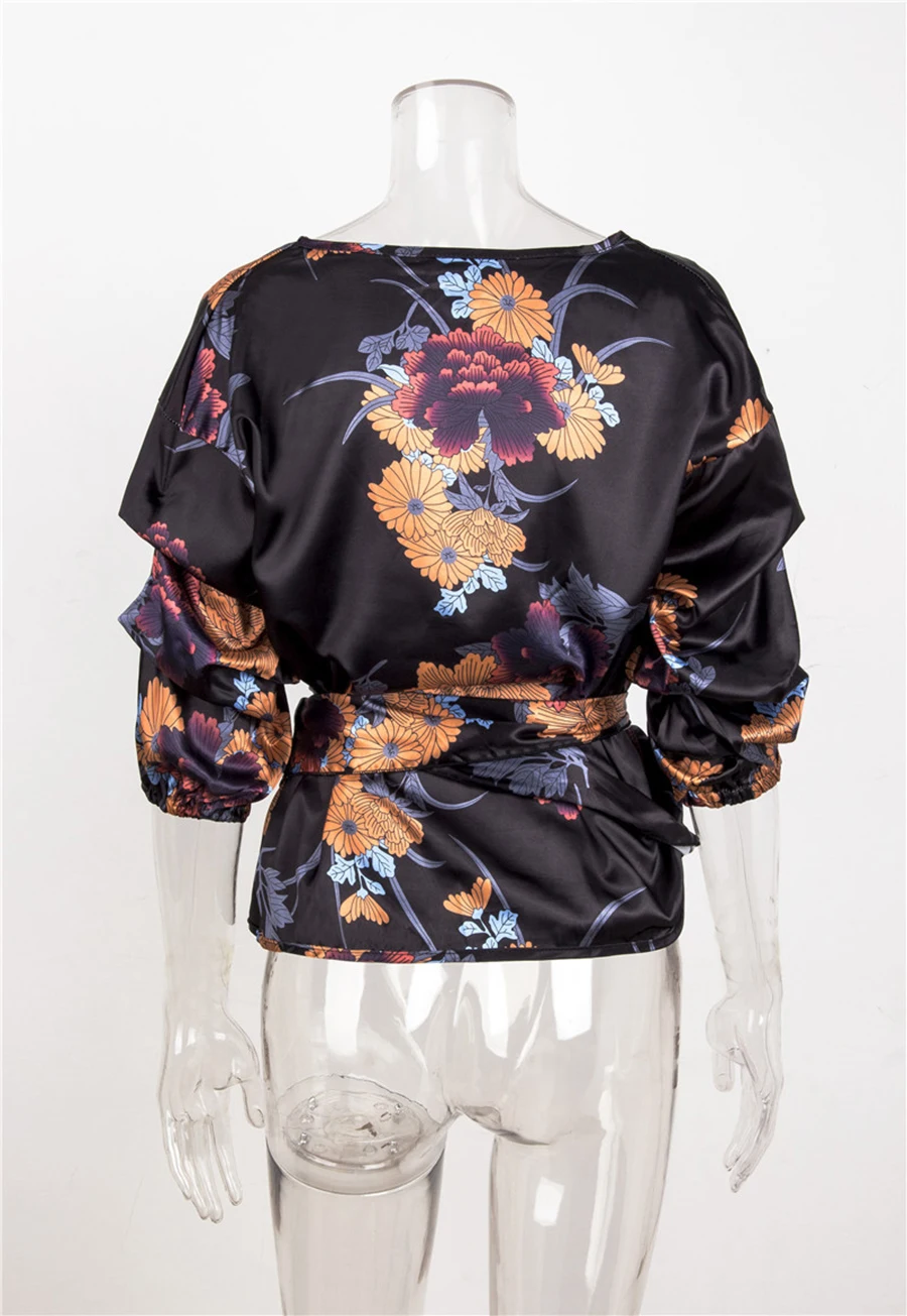 Elegant Women Spring Summer Shirts Boho Style Floral Print Chiffon Tops Blouse V-neck Belt-Bow Shirt Fashion Women's clothing (26)
