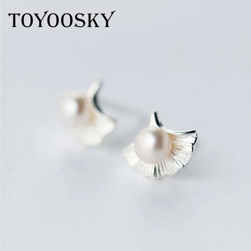 

Women's Real 925-Sterling-Silver Gingko Leaf Freshwater Cultured Pearl Leaf Stud Earrings lady's for Women 2016