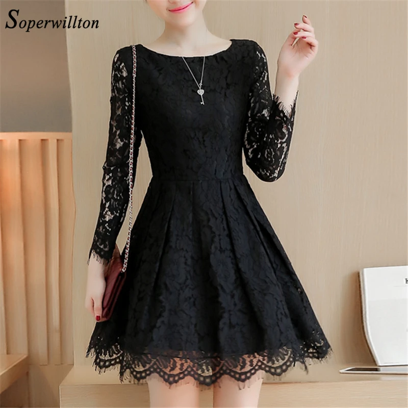 

2018 Autumn Cocktail Women Lace Dresses O-Neck Elegant Long Sleeve Dress Vintage Short Dresses with tassels A-Line Vestido Q#