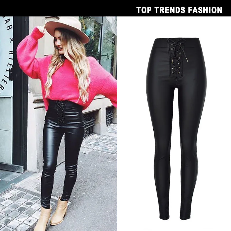 

New elastic waist with elastic metal opening of cultivate morality coating PU imitation leather cowboy feet pants