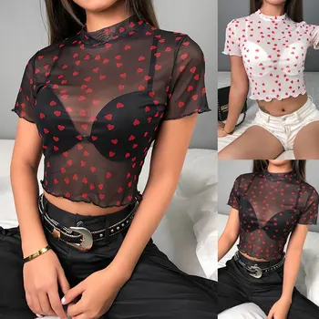 

Hirigin HOT Women Sheer Mesh Dot Net Short Sleeve Spot Sexy Crop Top Shirts Blouse Vest