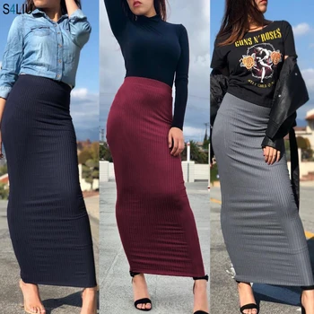 

Women Wrap Pencil Skirt Bodycon Cotton Sheath Knitting Muslim Maxi Bottoms Sarong Islamic Elegant Modest Skirt Ankle-Length New