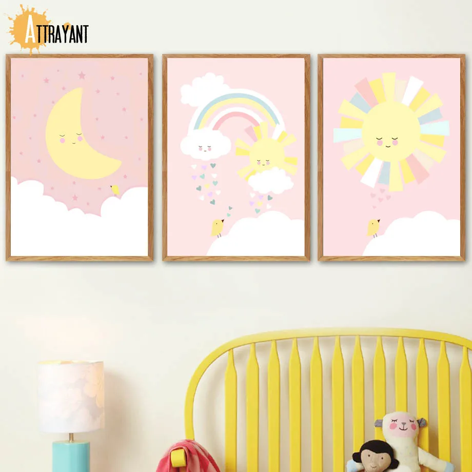 

Sun Cloud Rainbow Moon Pink Wall Art Canvas Painting Nordic Posters And Prints Wall Pictures Baby Girl Room Nursery Home Decor