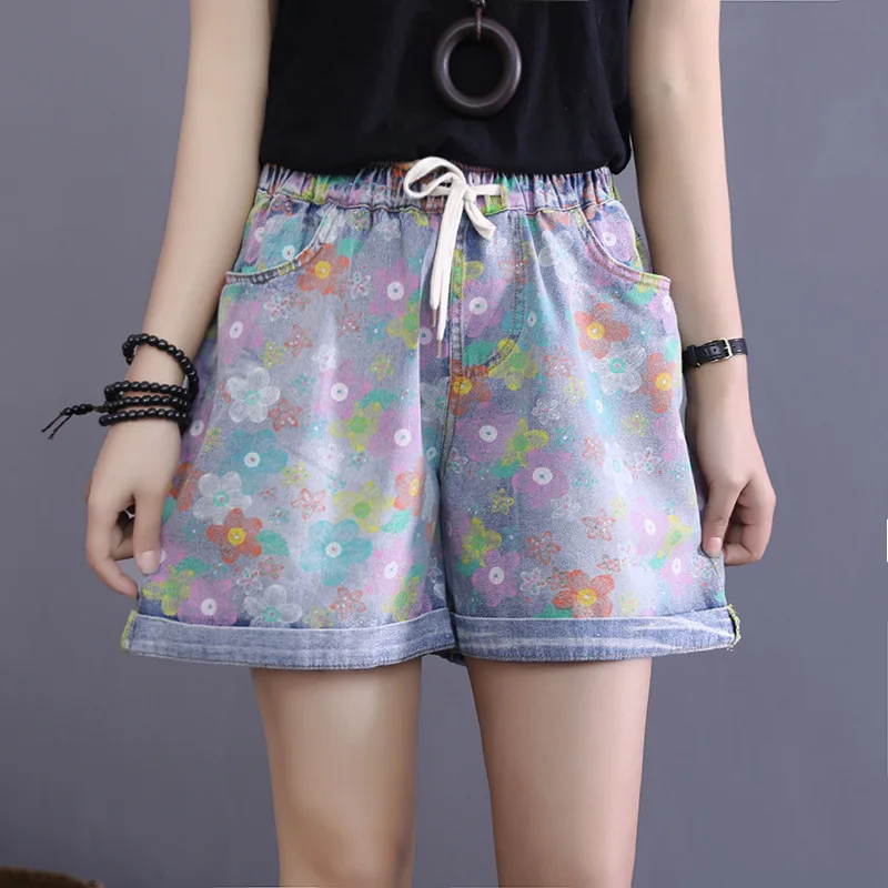 

2019 Summer Woman Plus Size Ethnic Style Vintage Floral Print Denim Shorts Elastic Mid-waist Pocket Casual Loose Jeans Shorts