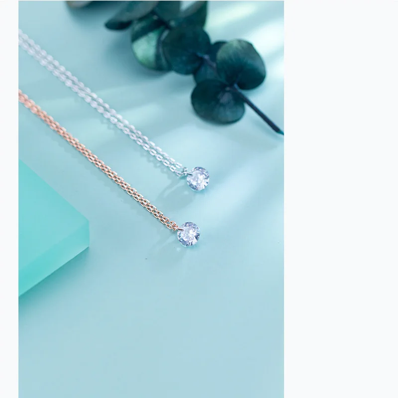 925 Sterling Silver Mini Zircon Pendant Necklaces for Women Single Rhinestone Rose Gold Color Fashion Crystal Necklace Jewelry