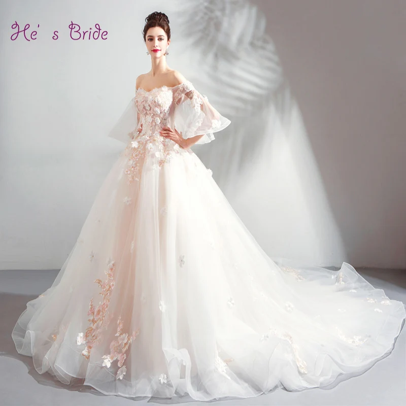 

He's Bride Wedding Dress Elegant Boat Neck Half Sleeves Ball Gown Lace Up Back Court Train Organza Appliques Vestido De Novia
