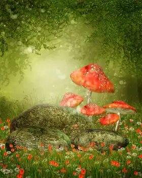 

Fairy-tale mushrooms green leaves red flower grass photo backdrop Vinyl cloth High quality Computer print wall Background