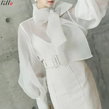 

Tide brand Bow Puff Sleeve full Chiffon shirt temperament Early autumn elegant bow with bubble lantern sleeves perspective organ
