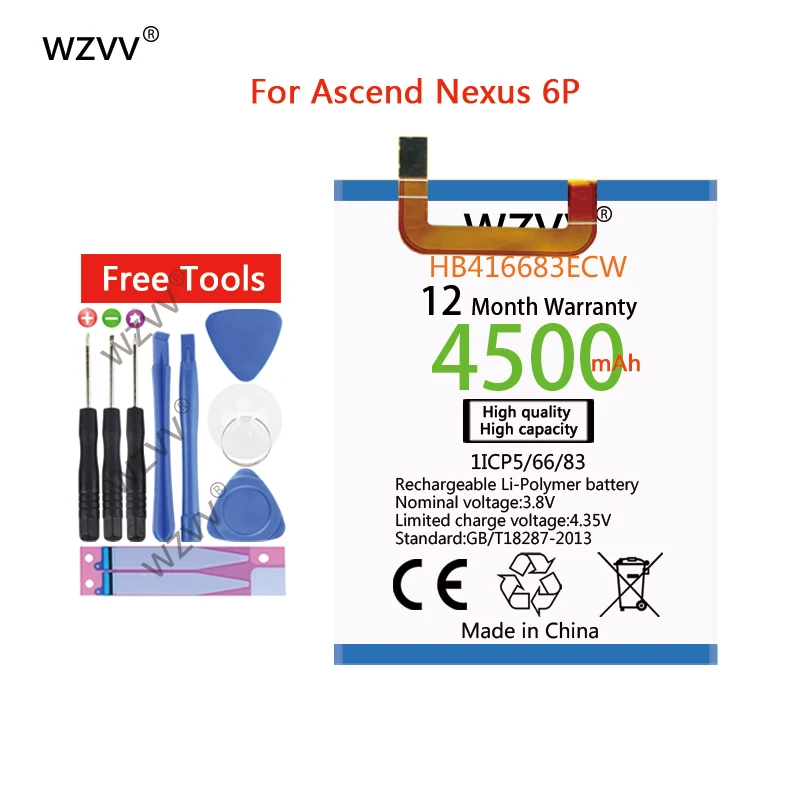 

wzvv 4500mAh Li-Polymer Battery HB416683ECW For Huawei Nexus 6P H1511 H1512 Replacement Batteries