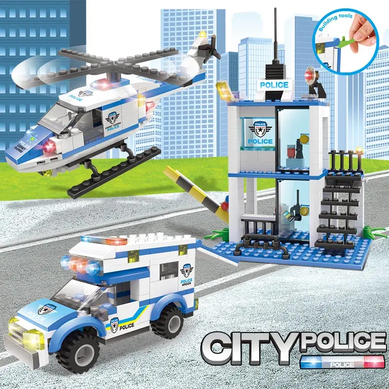  395PCS Building Blocks Military Police Station Helicopter Car Model Compatible City Swat Police DIY