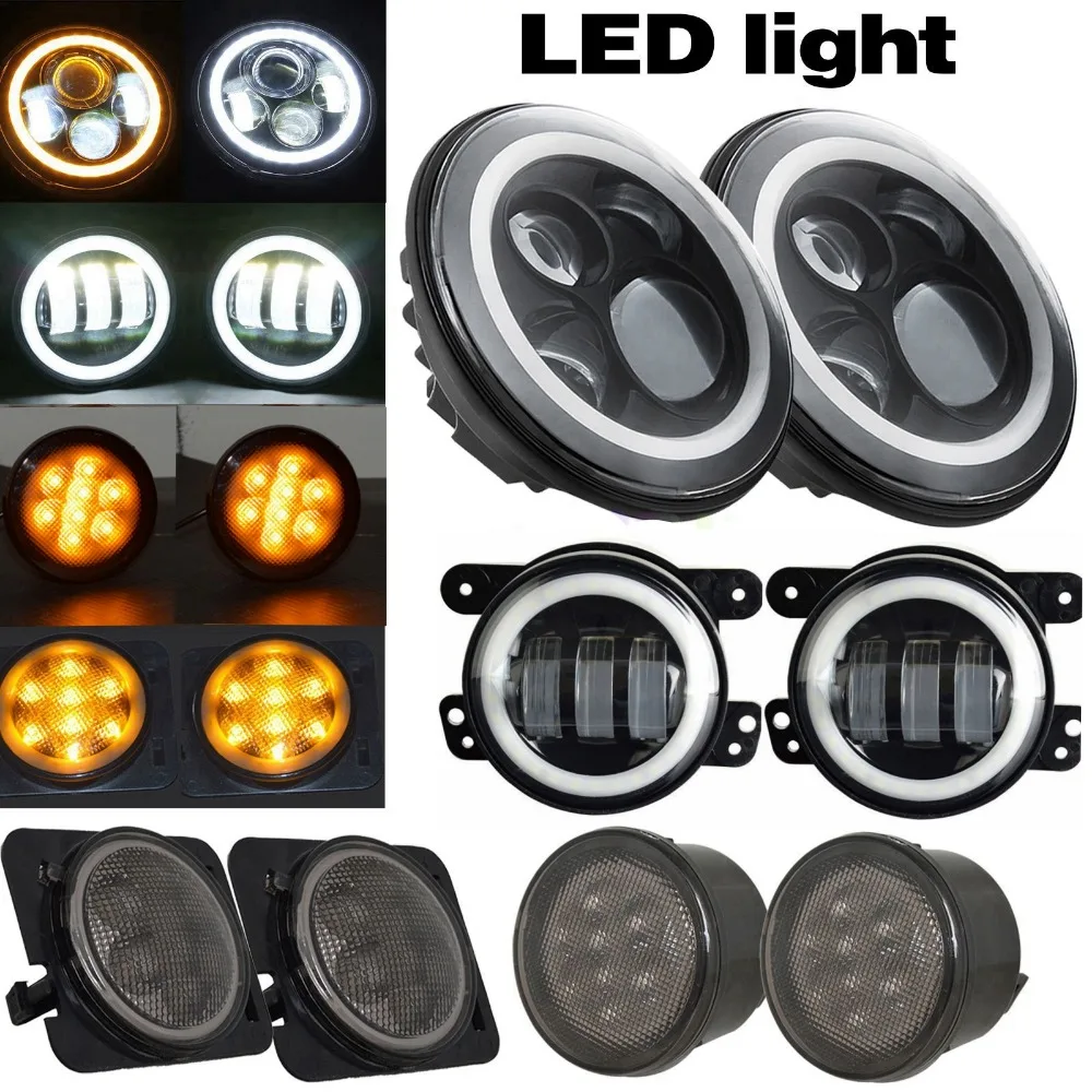

Halo Ring 7" Round LED Headlight Halo Ring 4" Fog Light + Amber Front Turn Signal Combo For Jeep Wrangler