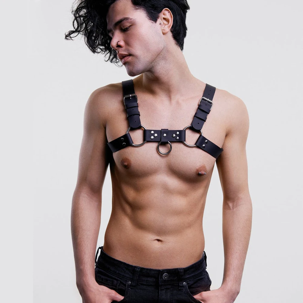 

Men Leather Adjustable Waist Suspender Harness Belt PU Leather Chest Shoulder Exotic Tanks Belt With Buckles Metal O-Ring Straps