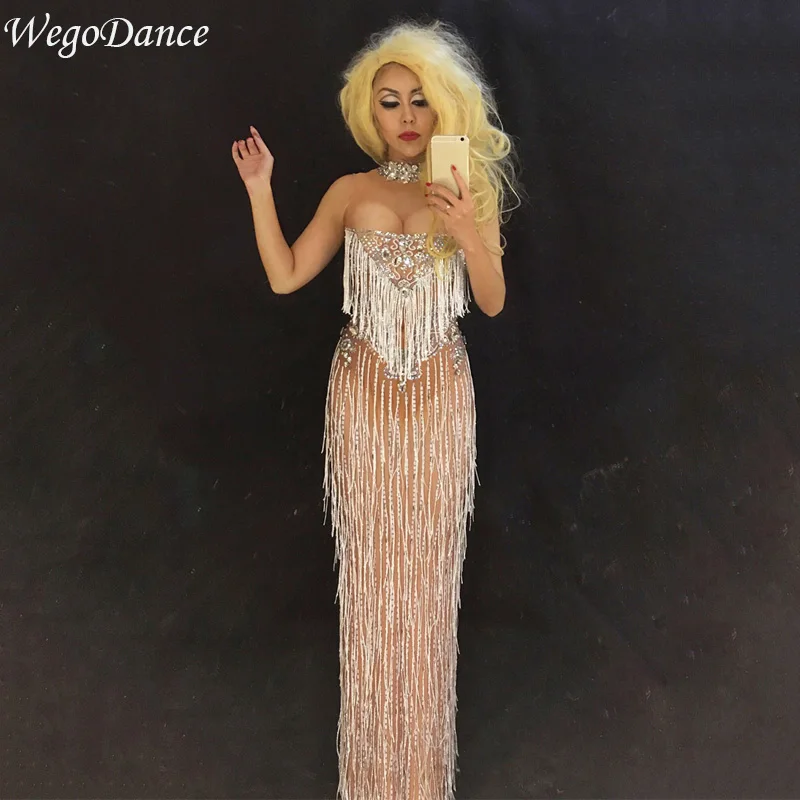

Luxurious Crystals Fringes Long Dress Lady Evening Party Sexy Dress Prom Birthday Celebrate Heavy Handmade Stones Dresses woman