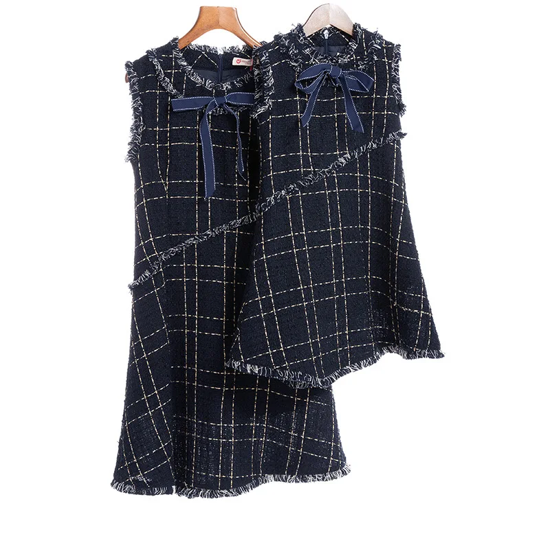 

New Mother Daughter Dress Bow Plaid Family Matching Outfits Navy O-neck Fashion Mom and Daughter Dress Women Kids Clothes CA531