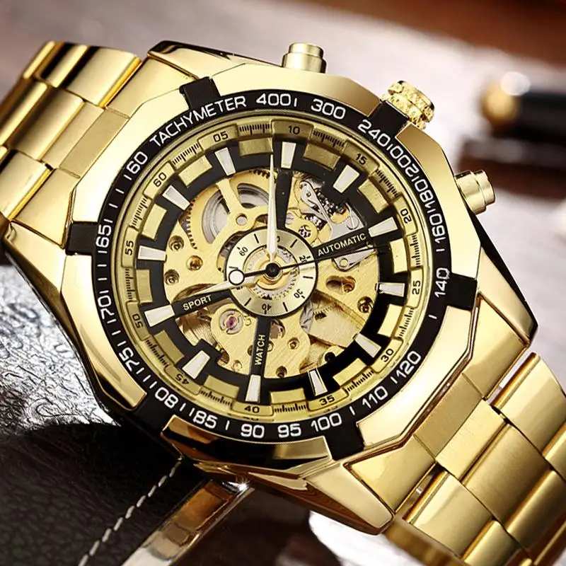 

Luxury Silver Gold Automatic Mechanical Men Watch Skeleton Stainless Steel Self-wind Wrist Watch Men Big Clock relogio masculino