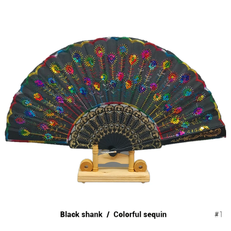 6 PCS LOT Foldable Peacock Shining Sequins Hand Fan Bead Black Fabric Decor