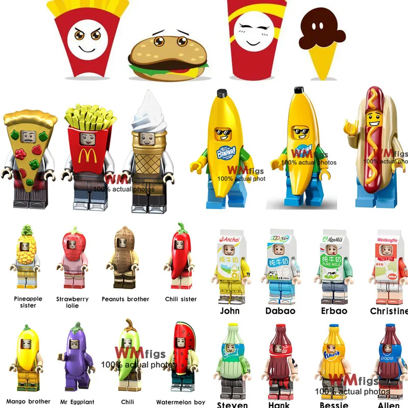 

Toy Story Buzz Lightyear Unikitty Cola Model Fruit Pure Milk Food Friends Banana Model Building Blocks Toys For Children Gift