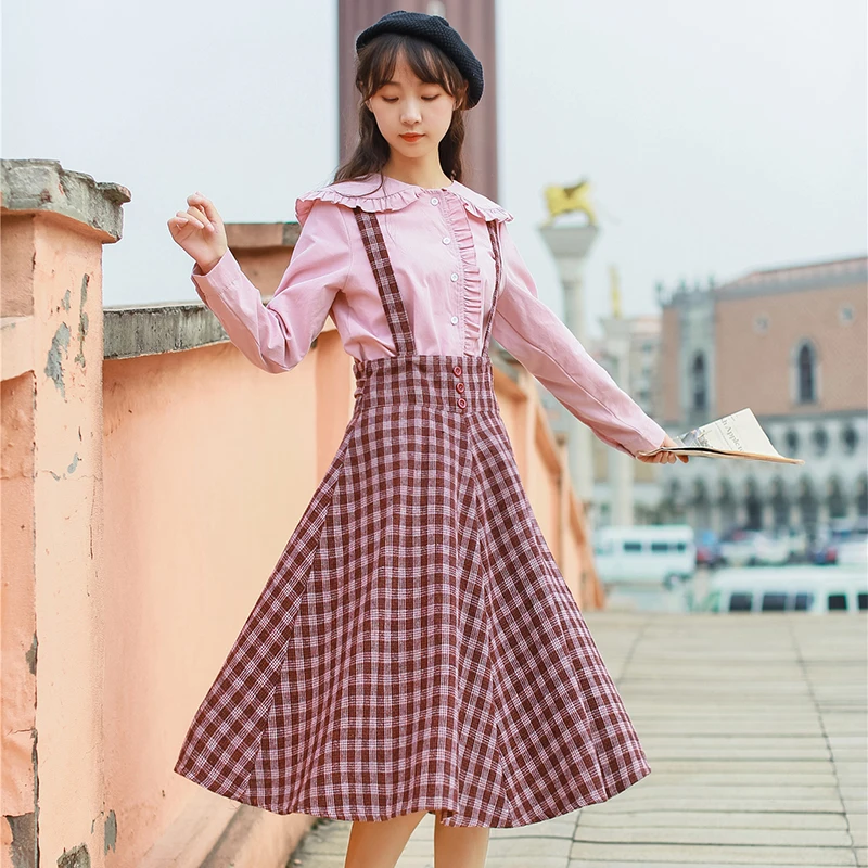 

2 Pieces Set Women Dress 2019 Spring New Fashion Women Peter Pan Collar Long Sleeve Shirt Plaid Dresses Mori Girl Vestidos