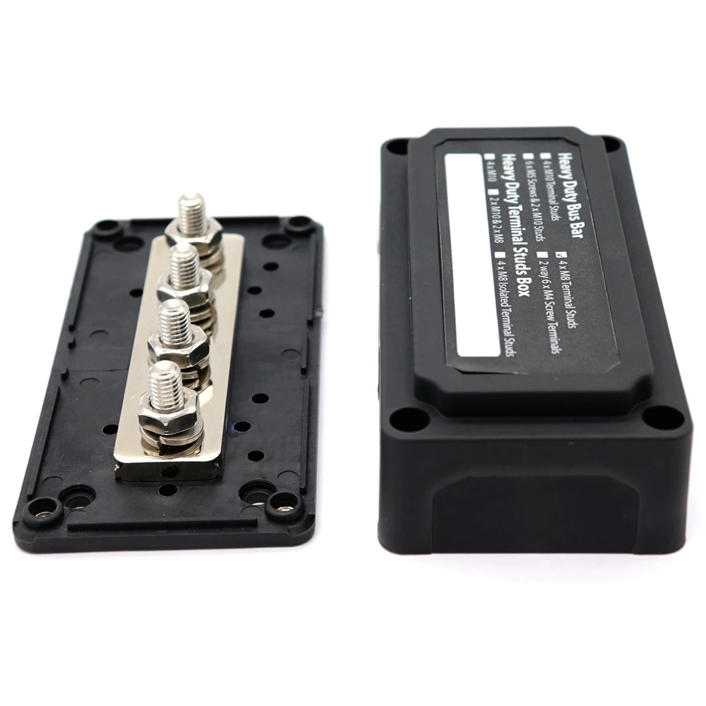 

Heavy-Duty Module Design Bus Bar 4 M8 Terminal Studs Box Busbar for Bus Car RV Marine Boat Max DC 48V 300A