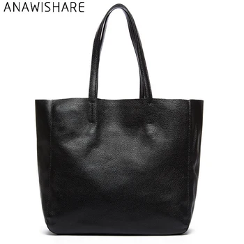 

ANAWISHARE Women Genuine Leather Handbags Large Shoulder Bag Cowhide Ladies Tote Bags Black Red Casual Shopping Bag Bolsos
