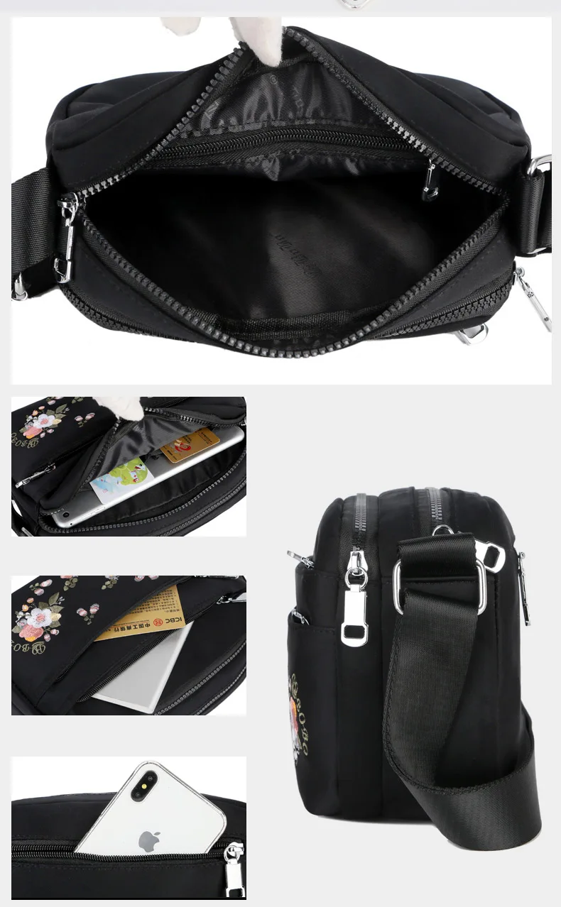 Luxury Brand Flower Shoulder Bag Women Small High Quality Nylon Tote Top-handle Travel Crossbody Bag Embroidery Messenger Bags