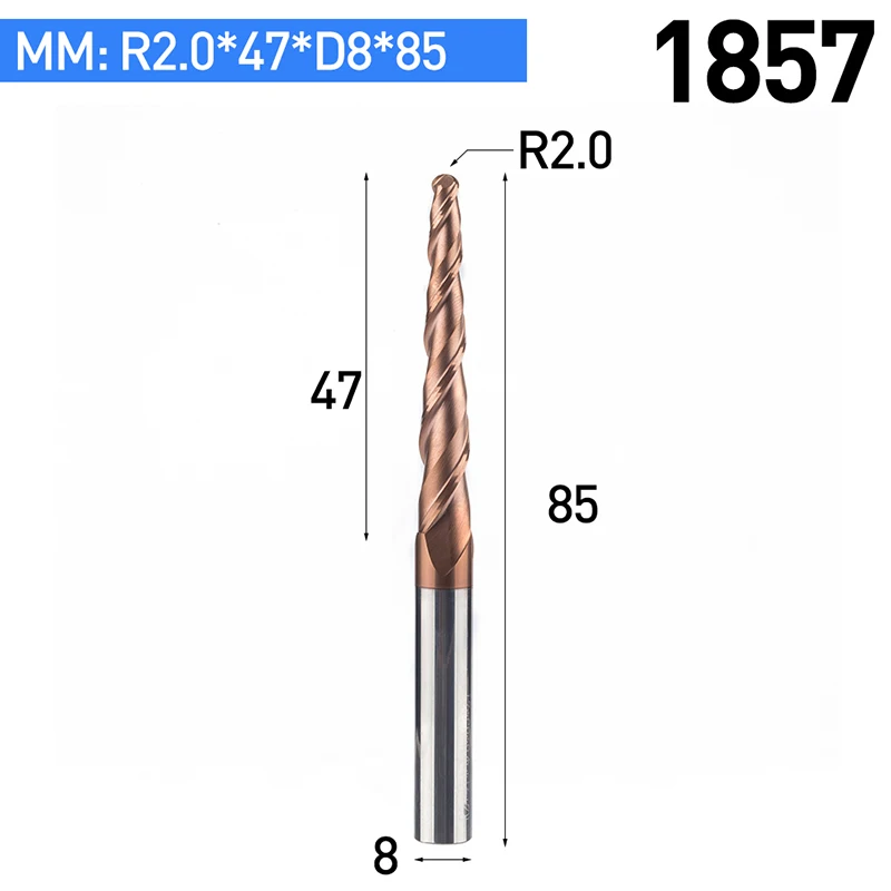 1 шт. HRC55 коническая шаровая Концевая фреза с вольфрамовым твердосплавным покрытием конус с ЧПУ фреза D4-D10mm гравировальный станок - Длина режущей кромки: 1857