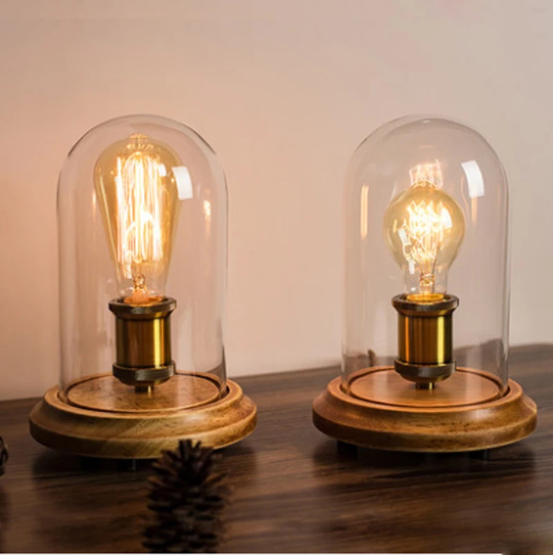 Retro desk lamp solid wood simple loft Edison retro bedroom bed bar solid wood cafe bar table lamp led table lamp lighting lamps