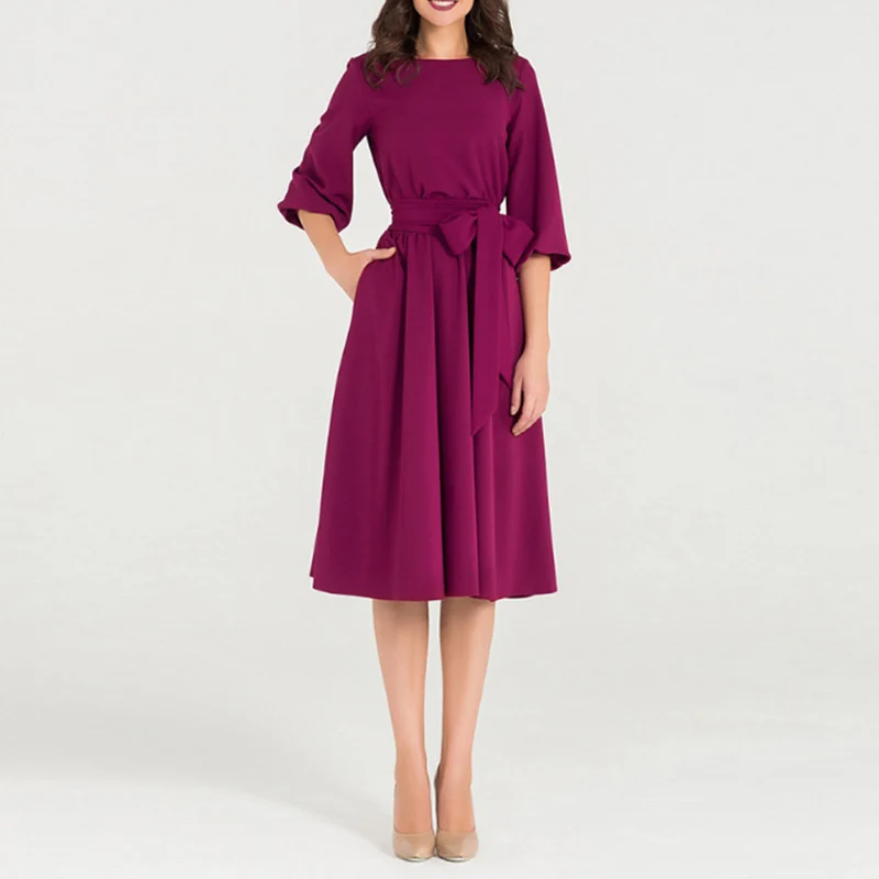 Wonder 2019 new Spring A-Line Solid Keen-Length O-Neck Women Dress Sashes Half Sleeve Elegant Casual Loose Dresses VestidosS-XXL