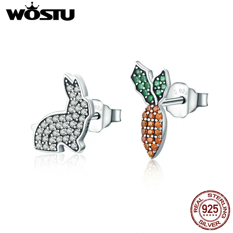 WOSTU Новая коллекция 925 пробы серебряные серьги-гвоздики с милым кроликом и морковкой для женщин модные серебряные ювелирные изделия CQE249