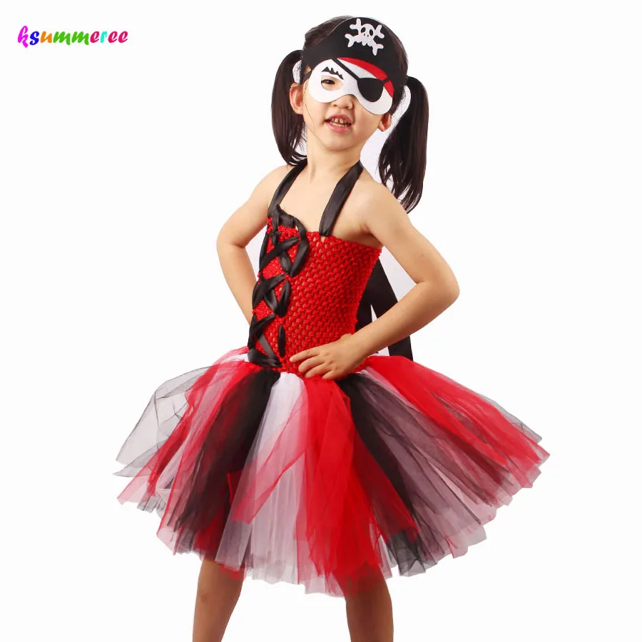 Cosplay Kids Girls Halloween Pirate Tutu Dresses With Matching Mask Skull Pattern Children Party Dress Photo Props Clothing (11)