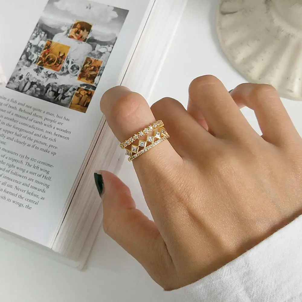 

Korean Style Opening Rings Multi-layer Geometric Line With Full Crystal Zircon Rings For Women Real 925 Sterling Silver Jewelry