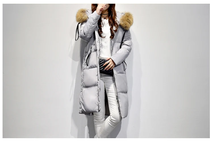 Женское пуховое пальто с капюшоном, большой натуральный меховой воротник, Толстая теплая парка, черный, серый, розовый, XXXXXL, 2XL, 3XL, 4XL, 5XL - Цвет: Серый