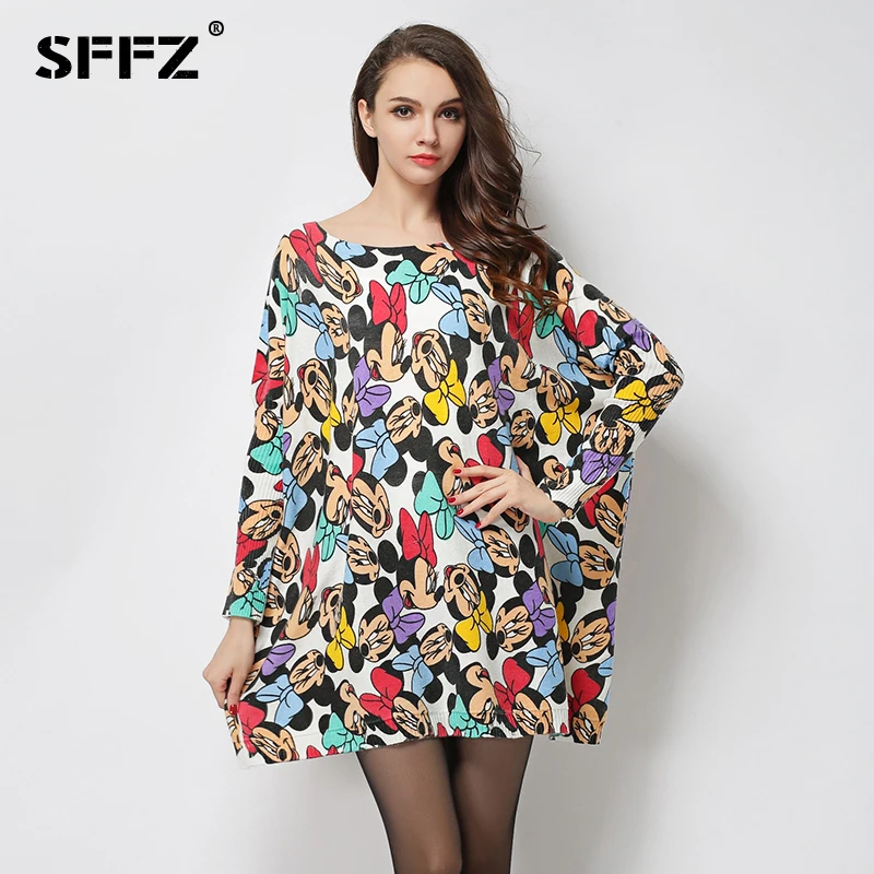 

Autumn Women Loose Dress Sweaters 2017 New Arrivals Mickey Printed Cartoon Pattern Knitting Batwing Sleeves Oversized Pullover