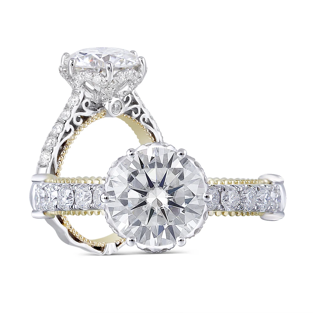 Vintage Solid 14K 585 Two Tones Gold Center 1.5ct 7.5mm F Color Moissanite Anniversary Ring 2