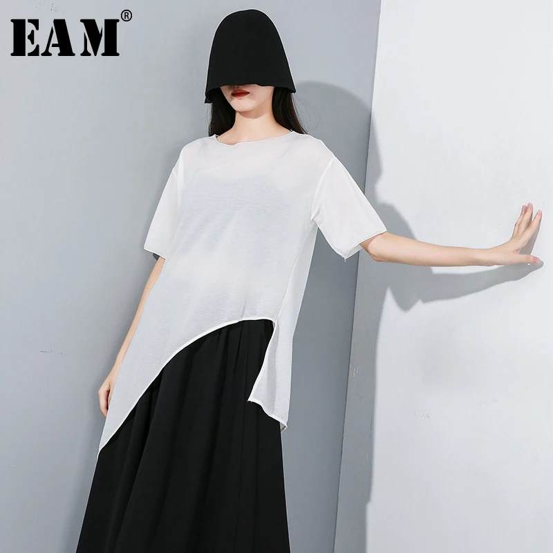 

[EAM] 2019 New Spring Summer Round Neck Short Sleeve Simple Solid Thin Irregular Personality T-shirt Women Fashion Tide JY353