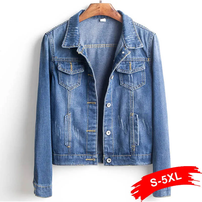 

Plus Size Spring Cropped Denim Jacket For Women 4Xl 5Xl Long Sleeve Dark Blue Short Jeans Jacket Women Denim Coat Ladies Coats