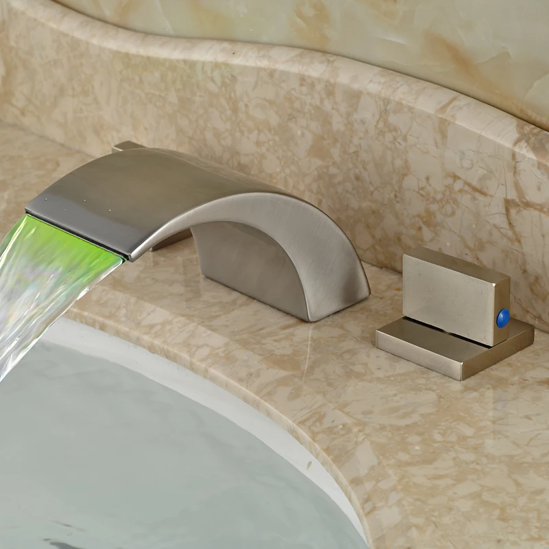 

Two Handles Three Holes Brushed Nickel Bath Mixer Taps Water Spout LED Light