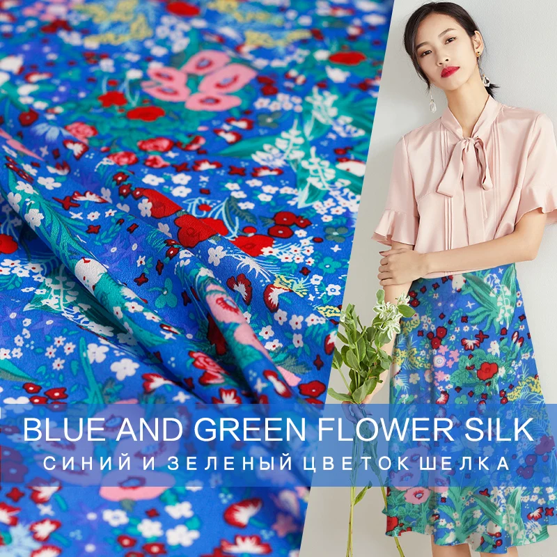 Pearlsilk 12momme синие цветы Цифровая печать крепдешин шелк тутового шелкопряда летнее платье Сделай Сам одежда ткани