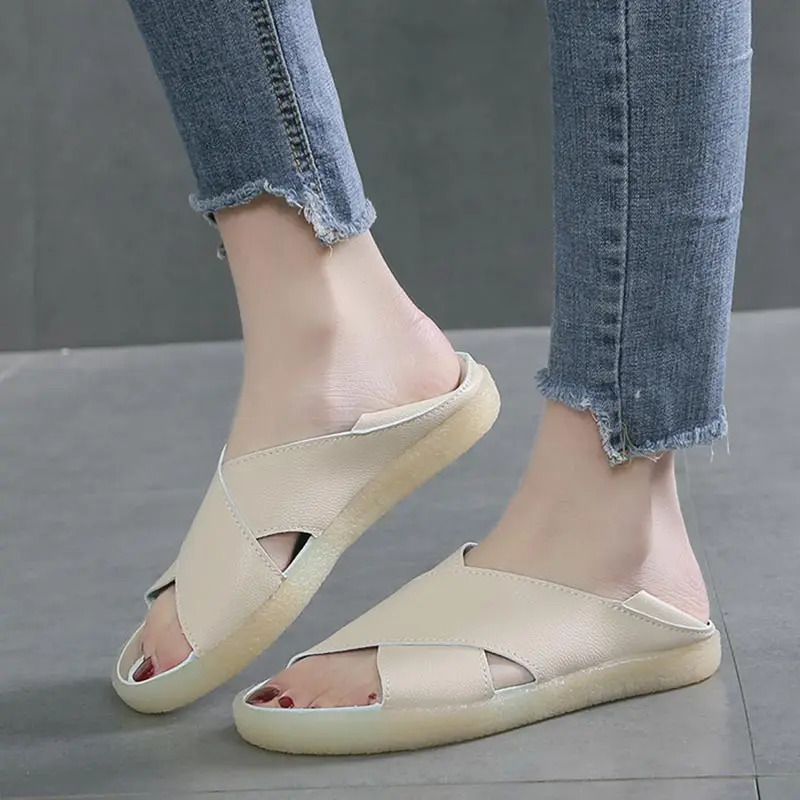Women Sandals 2019 Summer Casual Leather Flat Sandals Ladies Peep Toe Casual Slippers Soft Slip On Handmade Sandales Femme Women Sandals 2019 Summer Casual Leather Flat Sandals Ladies Peep Toe Casual Slippers Soft Slip On Handmade Sandales Femme