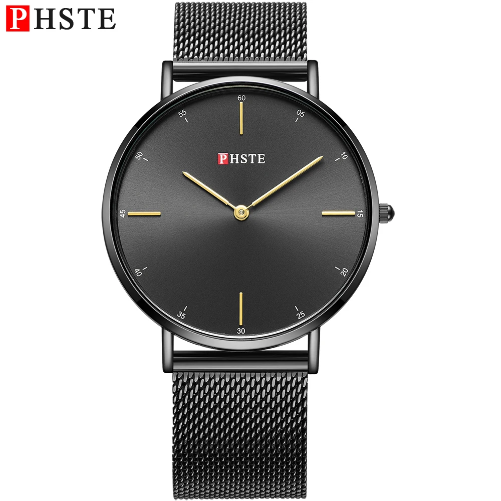

PHSTE Dress Men Watch 6.5mm Ultra Thin Simple Japan Movt Quartz Analog Clock Waterproof Black Steel Mesh Band Male Wrist Watch