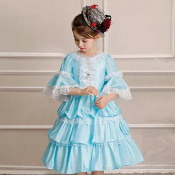

Sky blue children European Russian court drama stage costume girls Flare Sleeve court dress Modis kids clothes vestidos Y1463