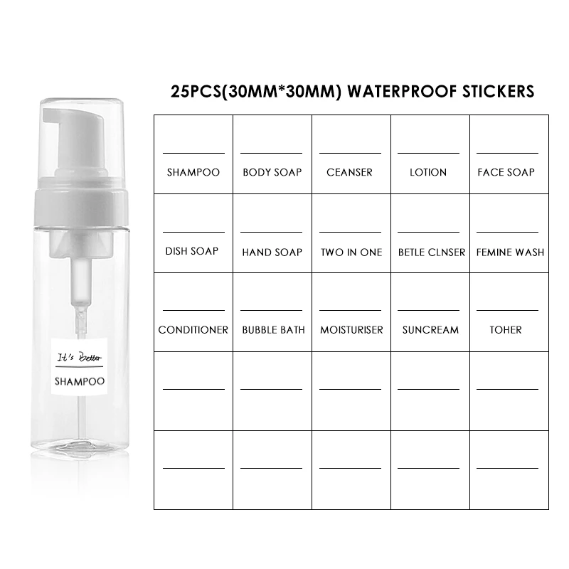 30/60/100/150/300 мл вспенивания бутылки тонкой лосьон шампунь бутылки многоразового использования пенный насос дозатор для жидкого мыла для путешествий Кубок пенообразователь, Прямая поставка - Цвет: 25pcs Sticky Labels