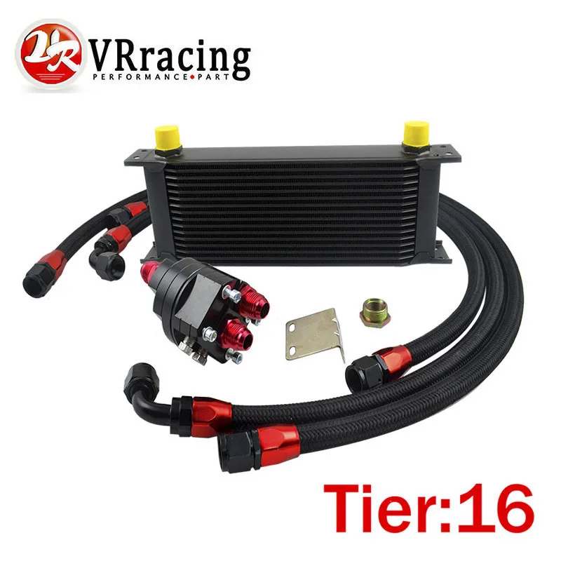 VR RACING UNIVERSAL 16 ROWS ENGINE OIL COOLER ALUMINUM OIL FILTER COOLER RELOCATION KIT 3X BLACK